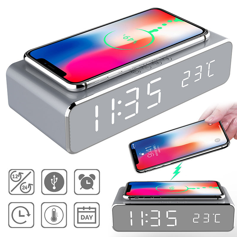 LED Digital Alarm Clock with Wireless Charger, HD Mirror Display, Temperature Thermometer, Desktop Table Decor, Modern Watch Style