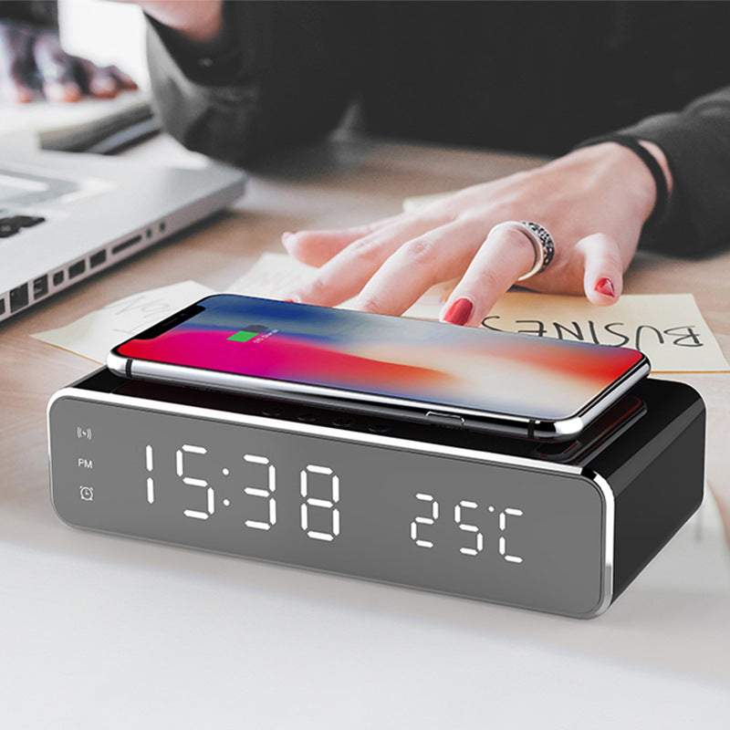 LED Digital Alarm Clock with Wireless Charger, HD Mirror Display, Temperature Thermometer, Desktop Table Decor, Modern Watch Style