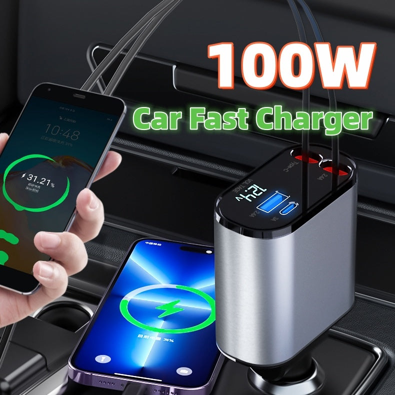 Metal 100W Super Fast Car Charger – USB & Type-C Cigarette Lighter Adapter for Rapid Charging