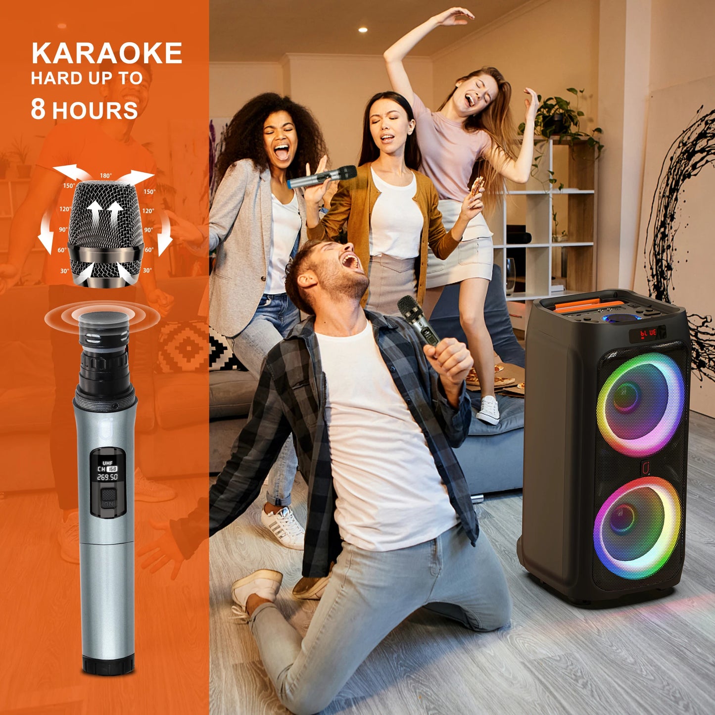 Portable Bluetooth Karaoke Machine with 2 Wireless Microphones