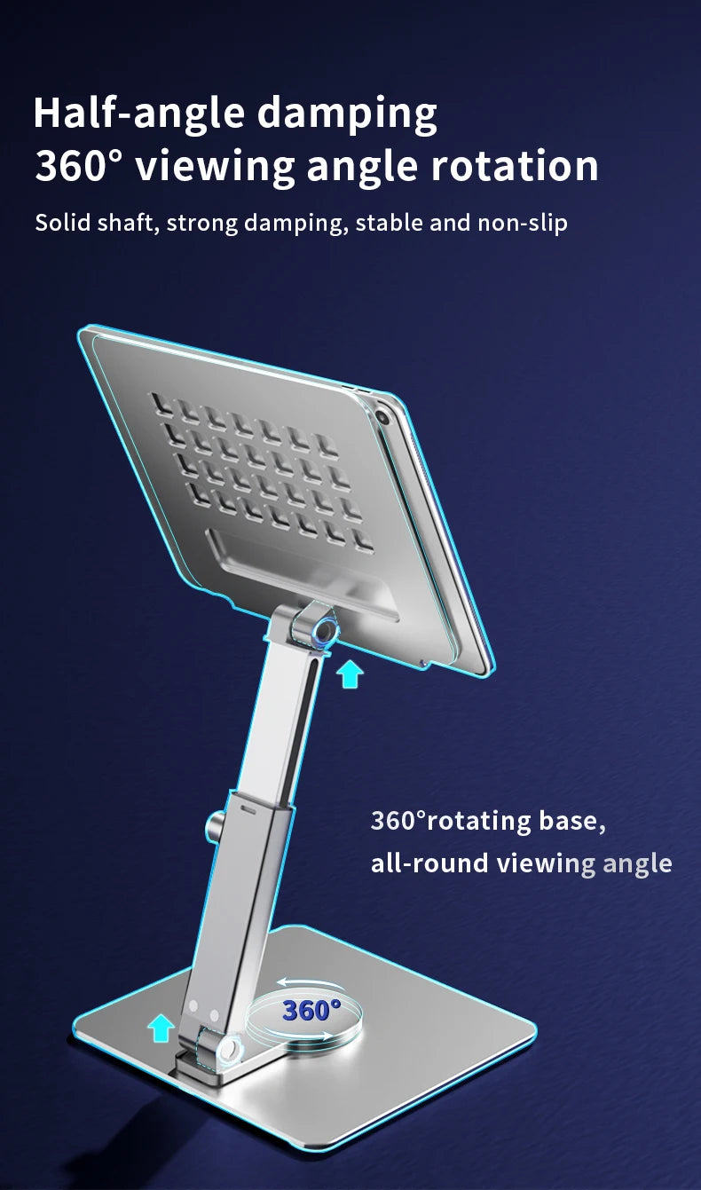 Aluminum Tablet Stand & Desk Riser – 360° Rotatable, Multi-Angle Height Adjustable