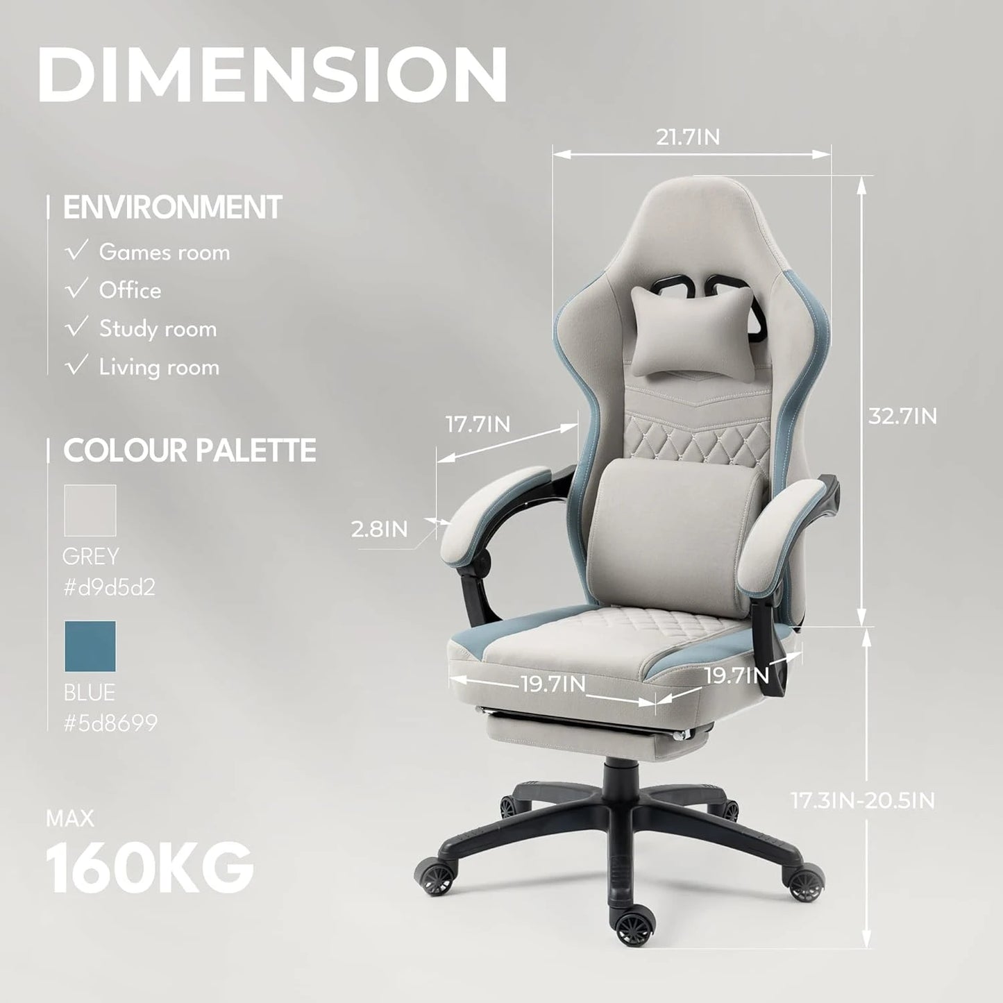 Grey Gaming Chair – Breathable Fabric Office Chair