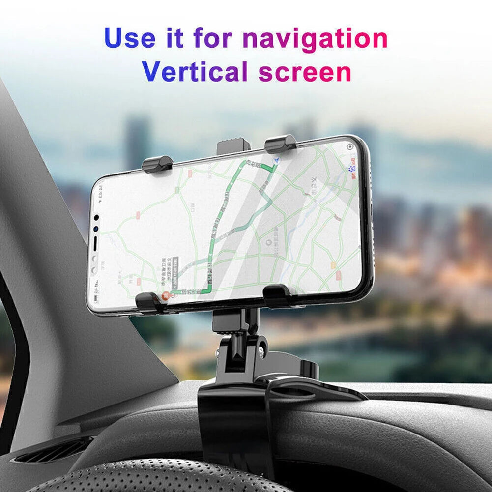 360° Car Phone Mount – Rotating Rearview Mirror/Nav Bracket, Dashboard Adjustable Spring Clip