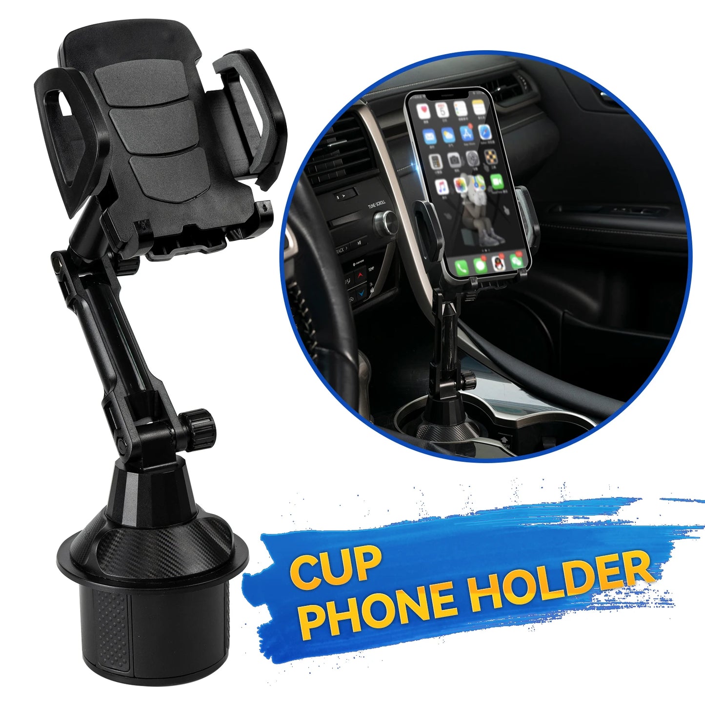 Universal 360° Car Phone & Cup Holder Stand – Support for Smartphones, Bottles, Long Mount, In-Car Mobile Bracket Accessories