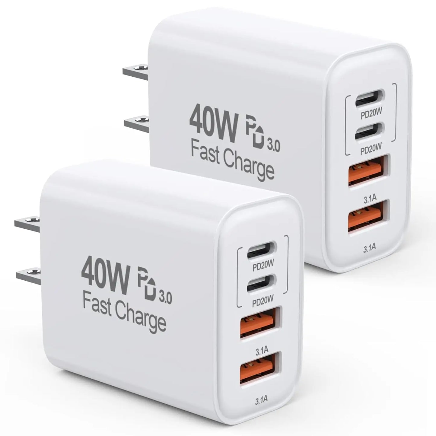 4-Port Fast USB Wall Charger (40W) with PD & QC – Multiport USB Block for iPhone, iPad, and More
