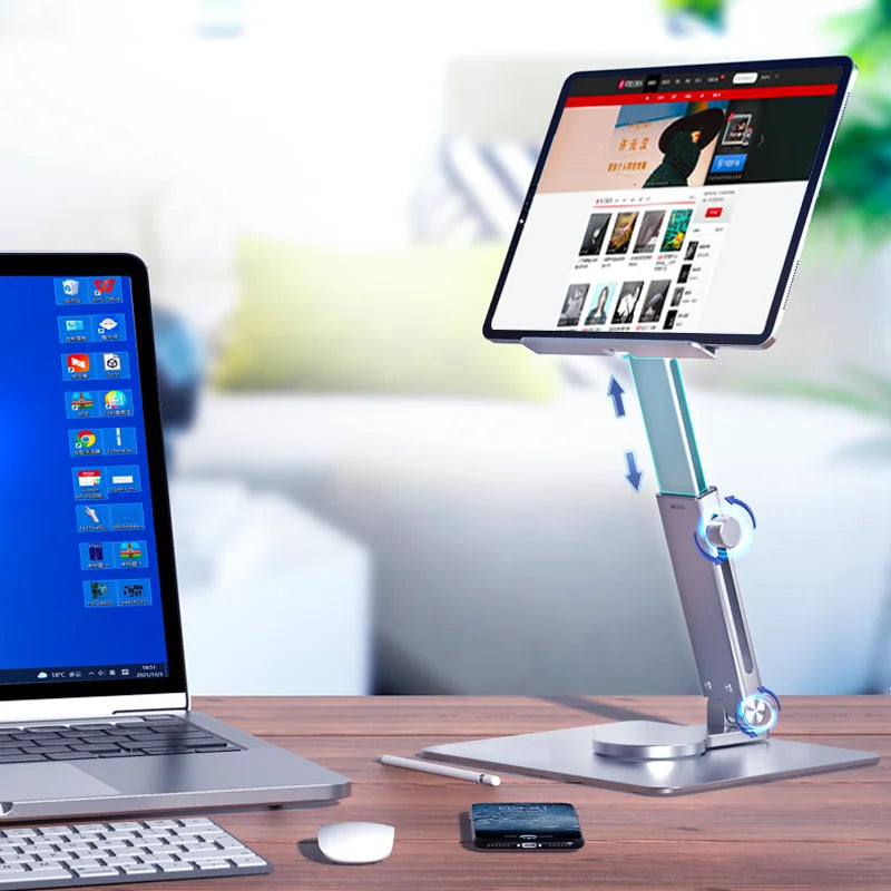 Aluminum Tablet Stand & Desk Riser – 360° Rotatable, Multi-Angle Height Adjustable
