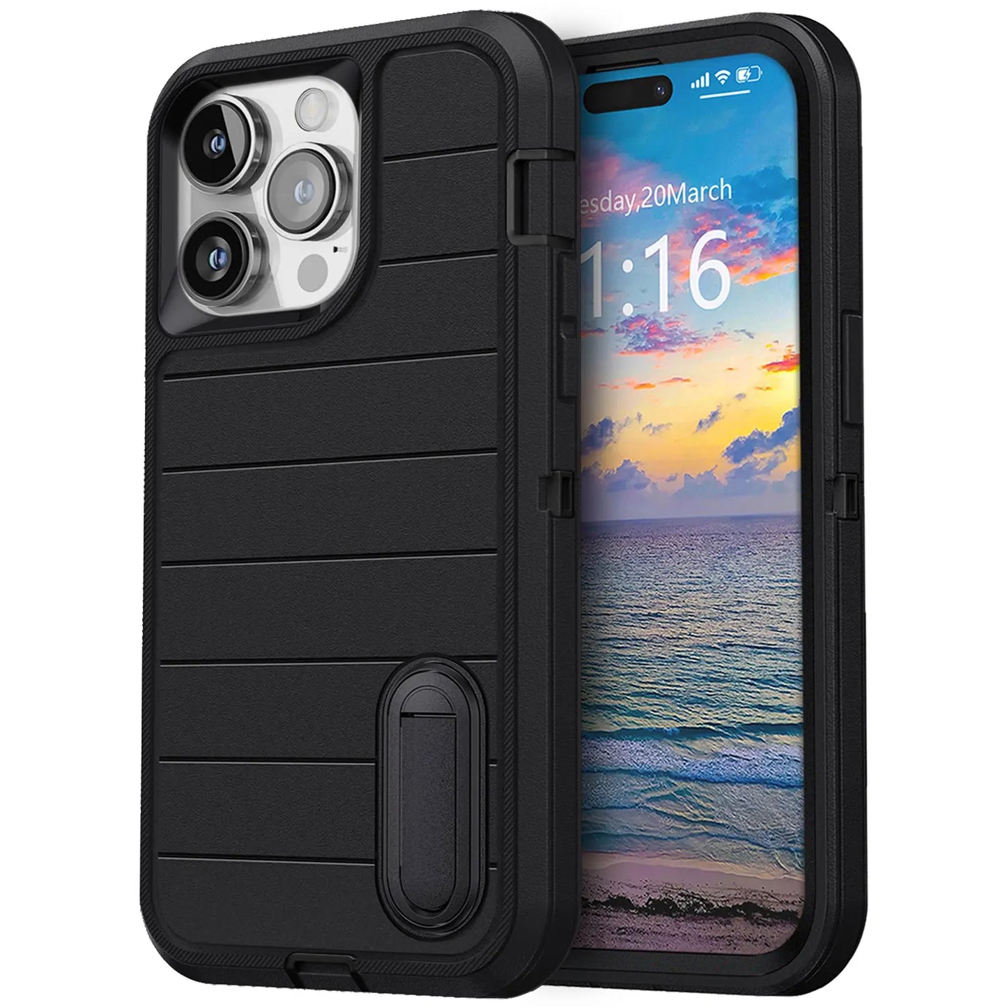 Black 3-Layer Heavy Duty Protective Phone Case for iPhone 15 / 15 Plus / 15 Pro / 15 Pro Max 5G