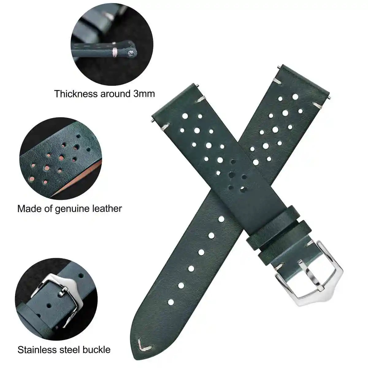 Genuine Leather Watch Bands – 18mm/20mm/22mm Quick Release Vintage Strap for Men & Women, Green/Black/Brown/Blue