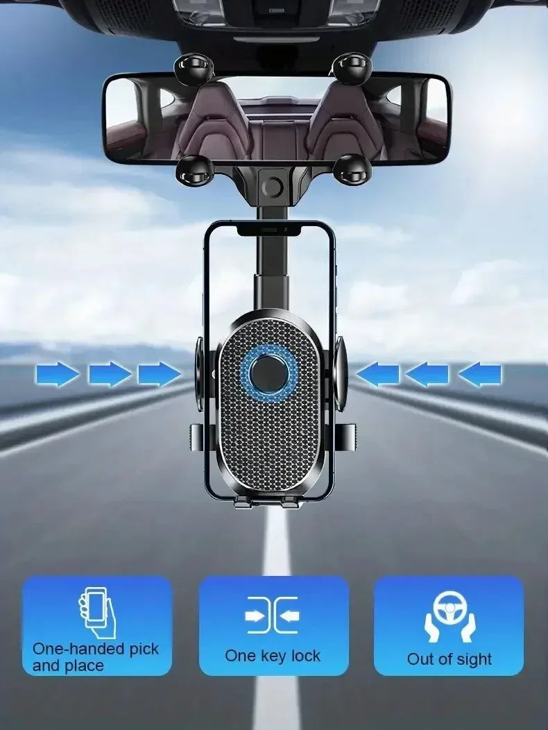 360° Rotating Car Phone Holder – Rearview Mirror Mount, Foldable GPS & Navigation Support, In-Car Mobile Bracket