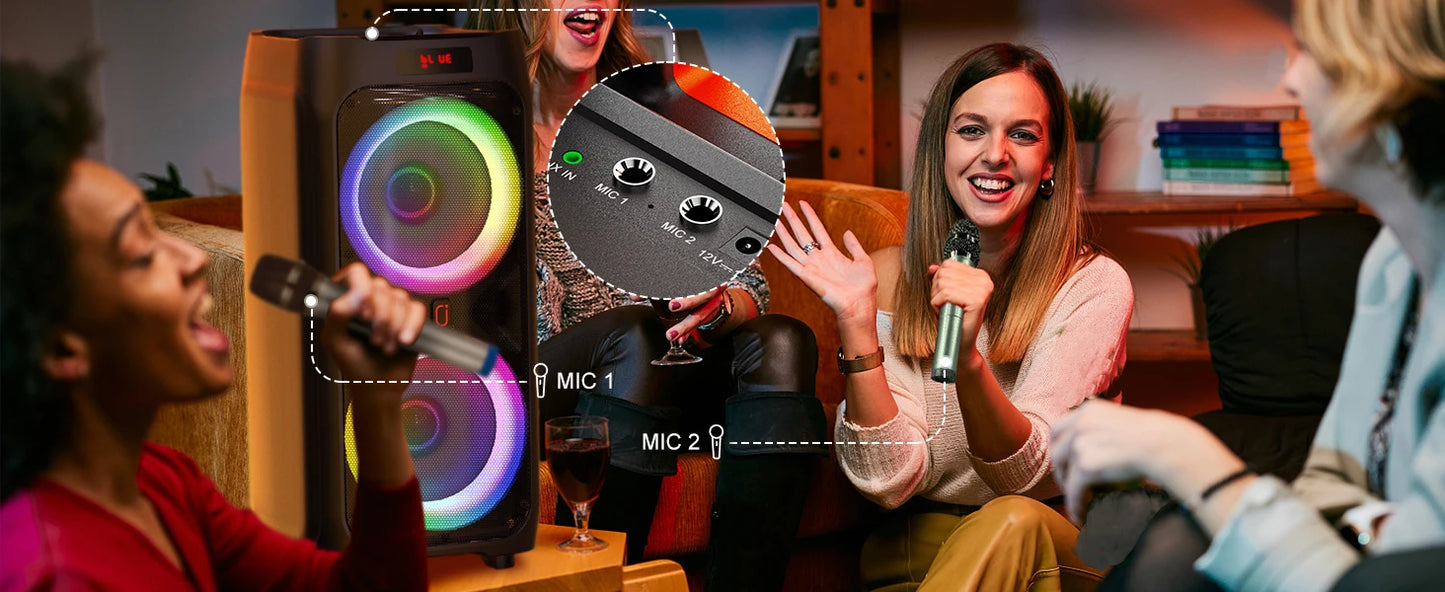 Portable Bluetooth Karaoke Machine with 2 Wireless Microphones