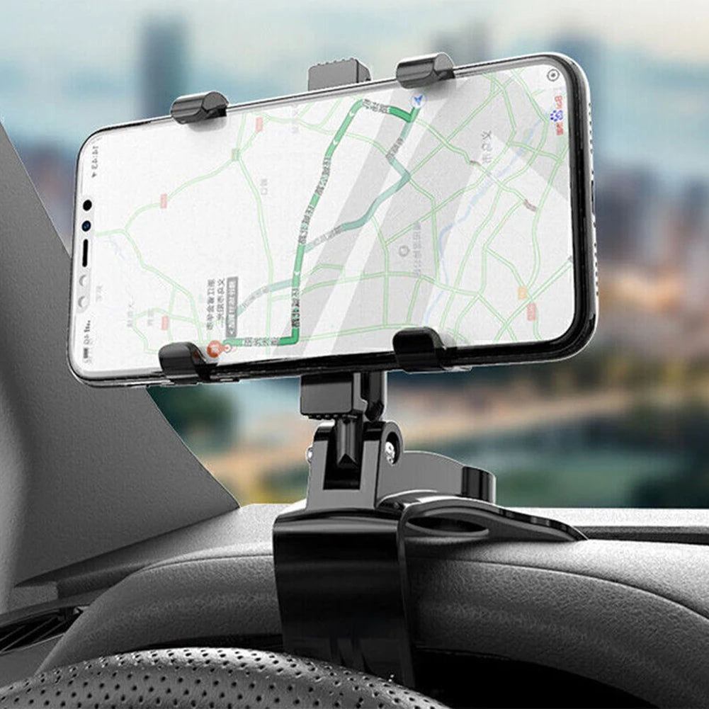 360° Car Phone Mount – Rotating Rearview Mirror/Nav Bracket, Dashboard Adjustable Spring Clip