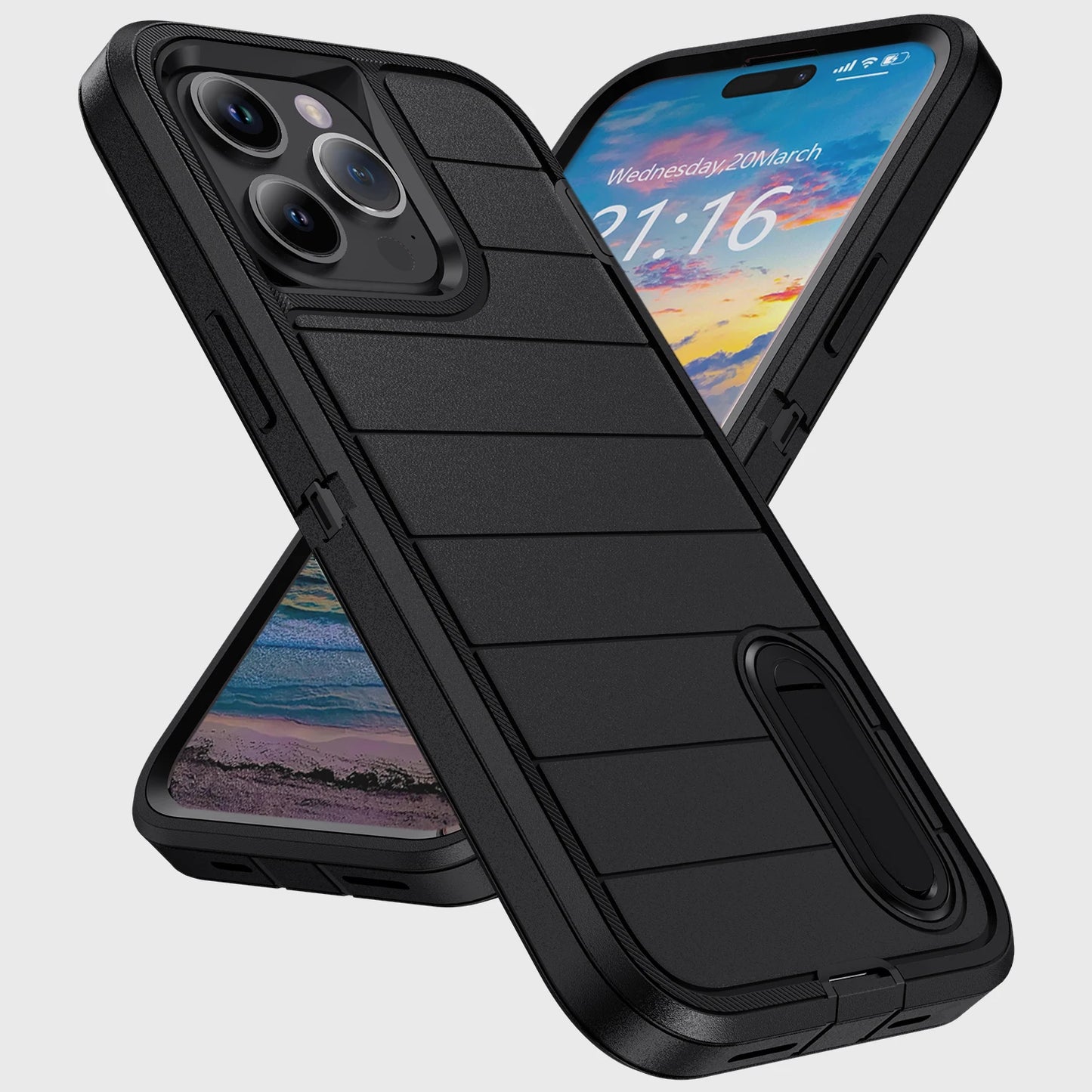Black 3-Layer Heavy Duty Protective Phone Case for iPhone 15 / 15 Plus / 15 Pro / 15 Pro Max 5G