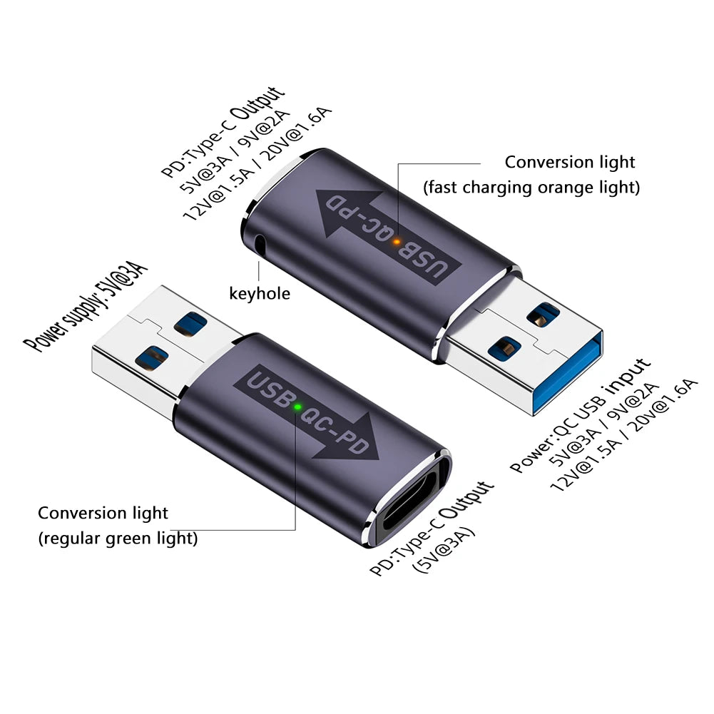 QC 4.0 USB 3.1 to PD Type-C Adapter – USB A to USB C Charger Converter, 10Gbps, 5V 3A for Laptop