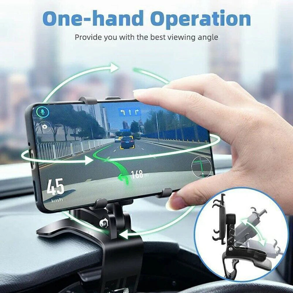 360° Car Phone Mount – Rotating Rearview Mirror/Nav Bracket, Dashboard Adjustable Spring Clip