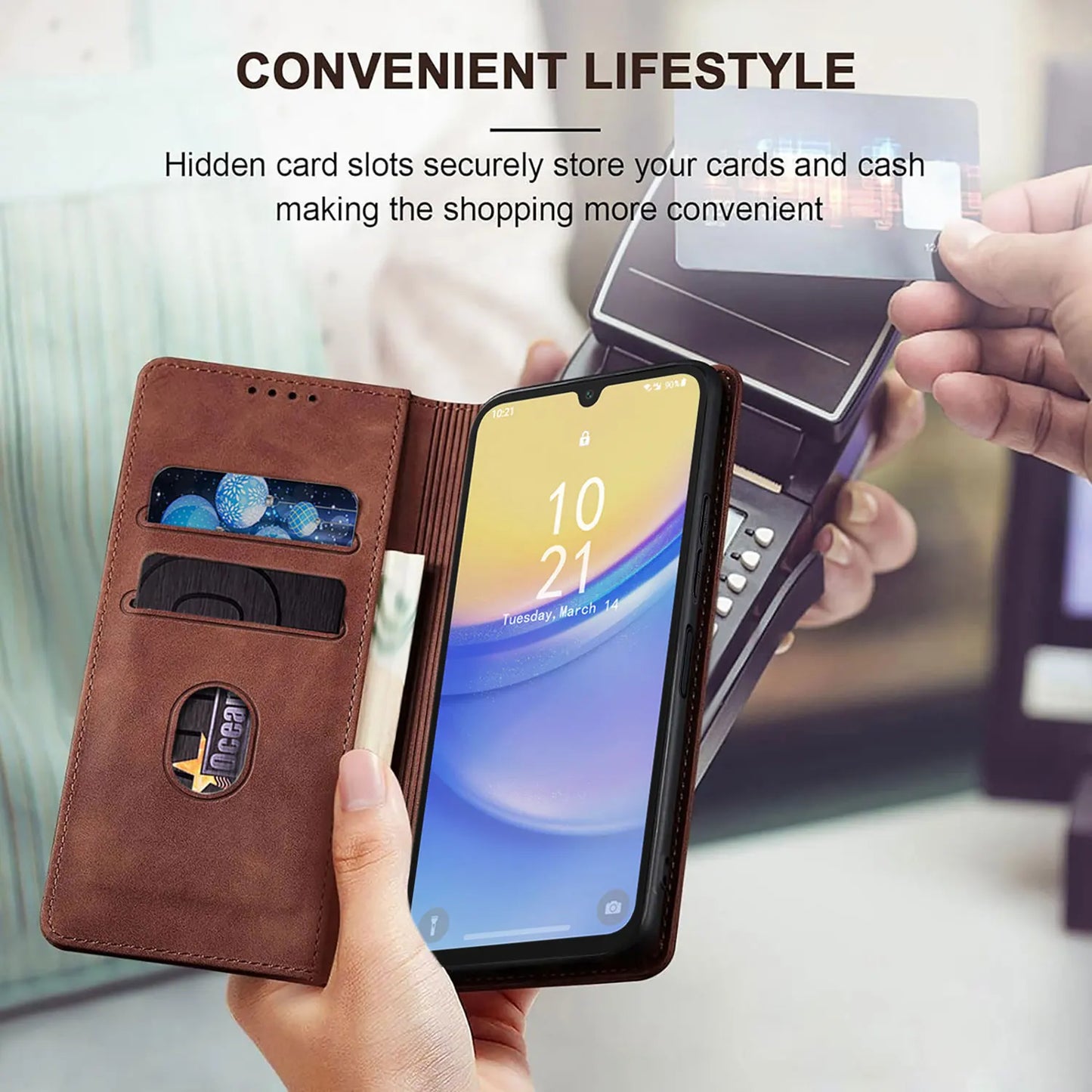 Brown Leather Flip Wallet Case for Samsung Galaxy A14 4G / 5G – Rugged Magnetic