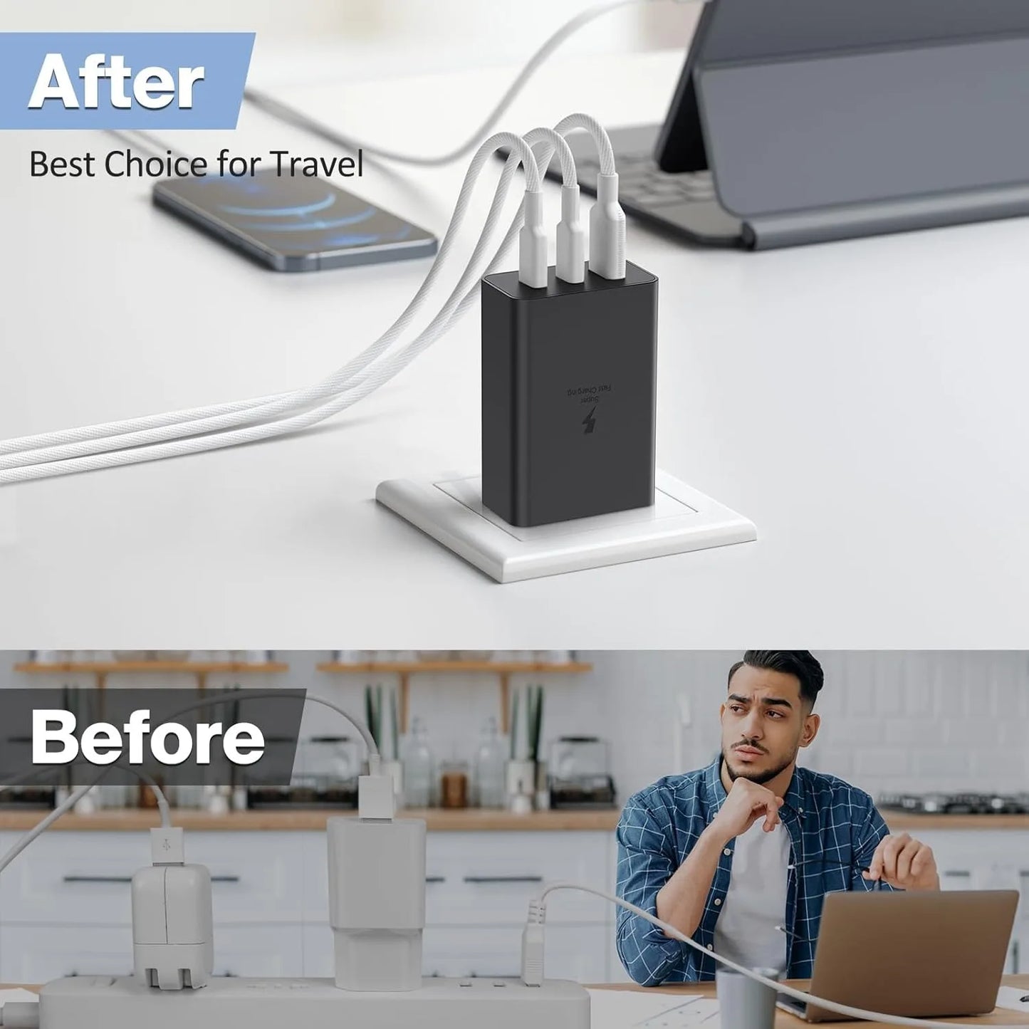 3-Port 65W USB-C Wall Charger – Samsung Galaxy S/Note Series + Laptops Compatible