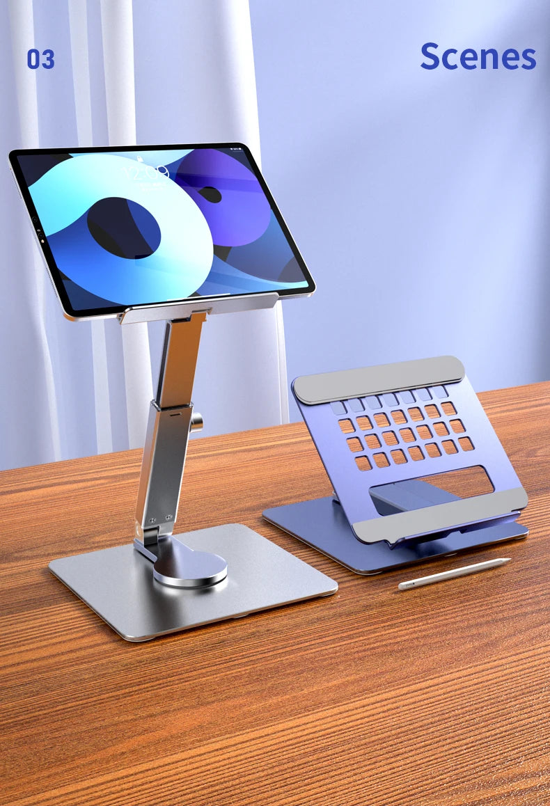 Aluminum Tablet Stand & Desk Riser – 360° Rotatable, Multi-Angle Height Adjustable