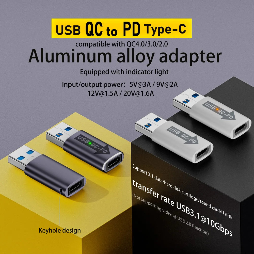 QC 4.0 USB 3.1 to PD Type-C Adapter – USB A to USB C Charger Converter, 10Gbps, 5V 3A for Laptop