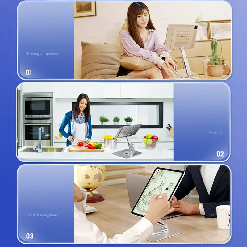 Aluminum Tablet Stand & Desk Riser – 360° Rotatable, Multi-Angle Height Adjustable