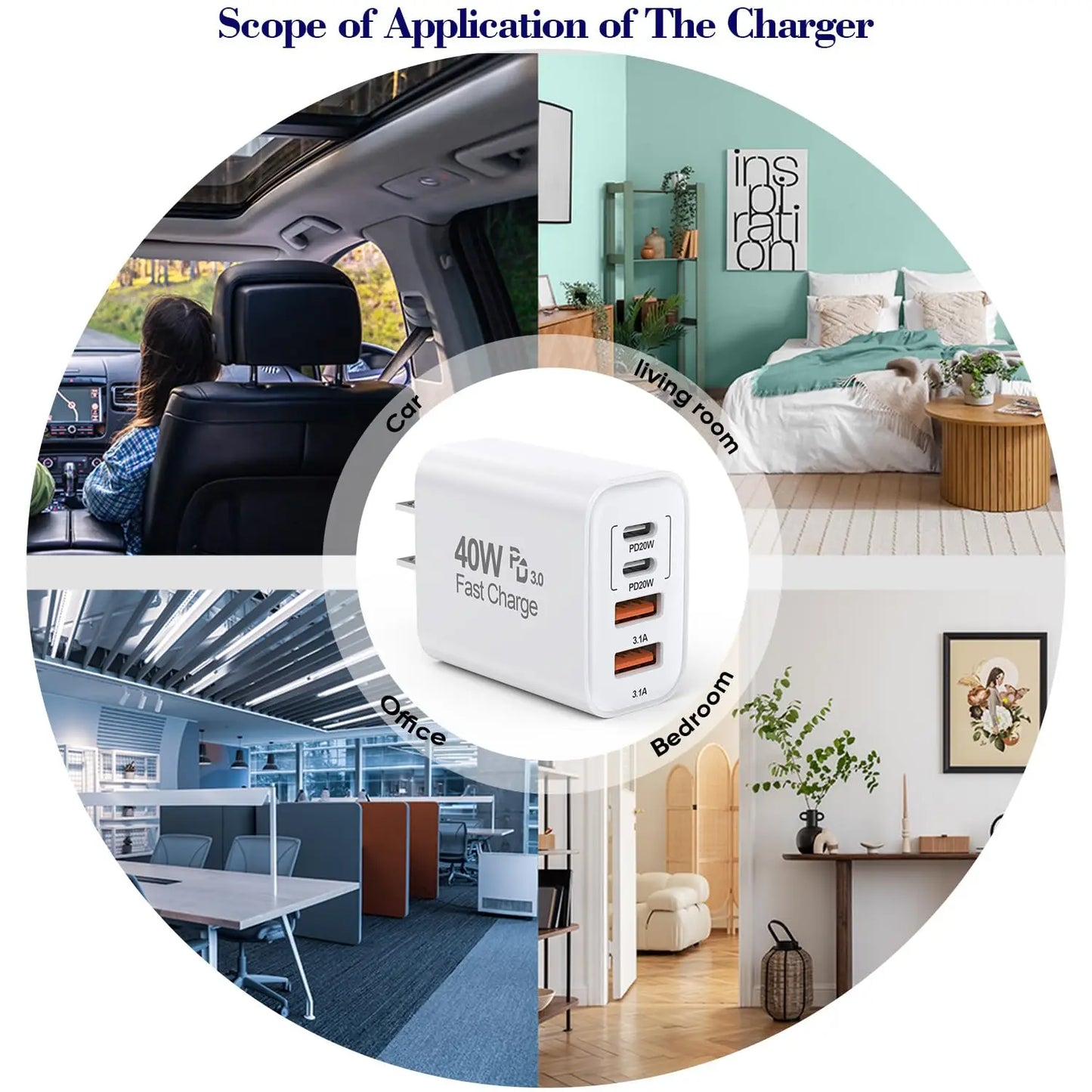 4-Port Fast USB Wall Charger (40W) with PD & QC – Multiport USB Block for iPhone, iPad, and More