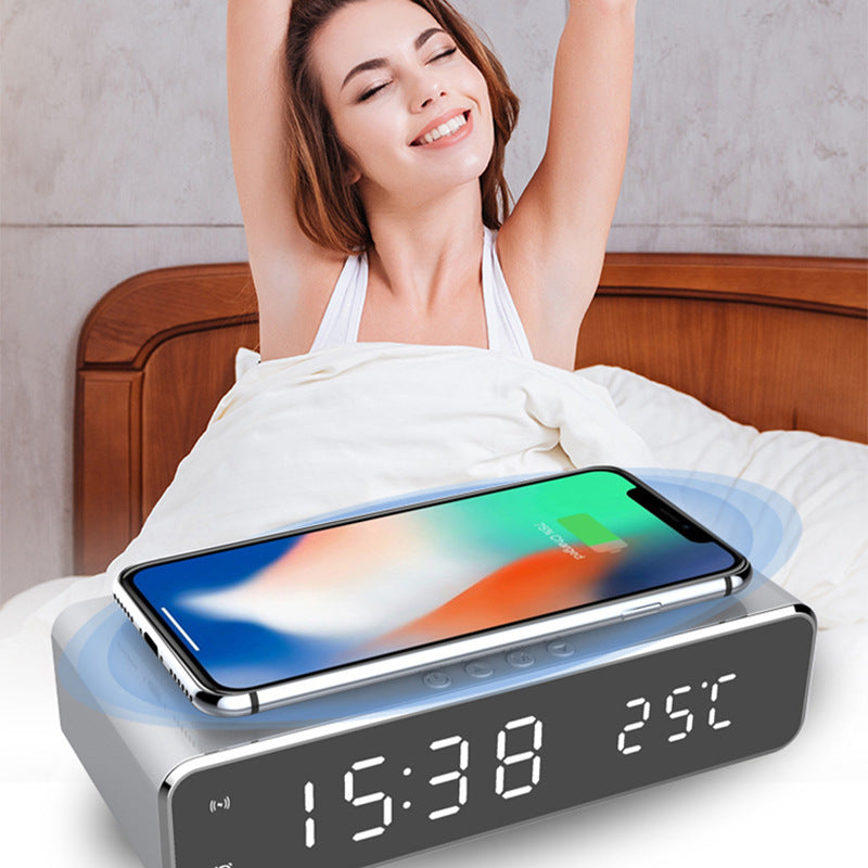 LED Digital Alarm Clock with Wireless Charger, HD Mirror Display, Temperature Thermometer, Desktop Table Decor, Modern Watch Style