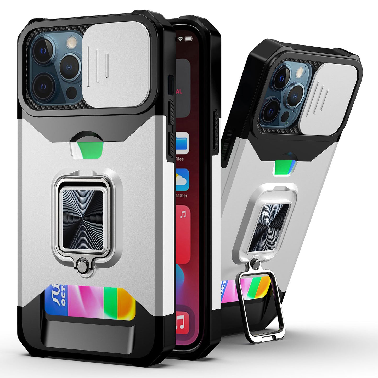 Kickstand with Slide Camera, Built-in 360 Rotate Ring Stand Magnetic Card Slot Credit Cover