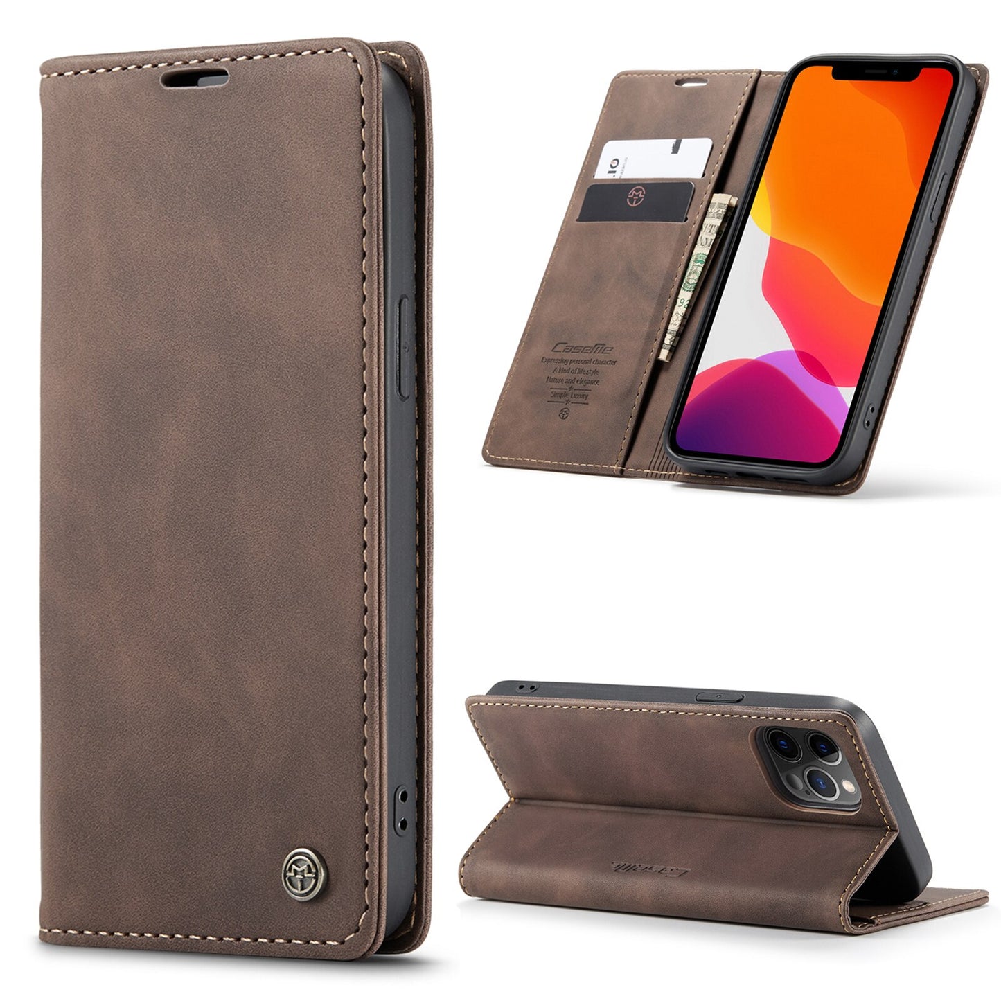 Premium iPhone 14 13 12 Mini Pro Max Case Retro Magnetic Card Leather Wallet.