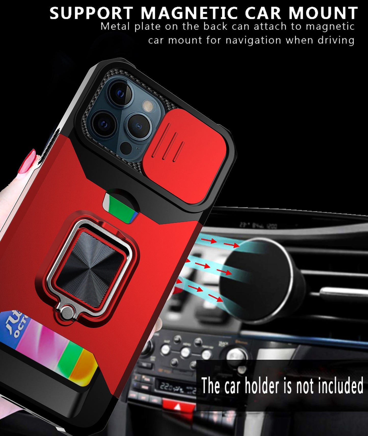 Kickstand with Slide Camera, Built-in 360 Rotate Ring Stand Magnetic Card Slot Credit Cover