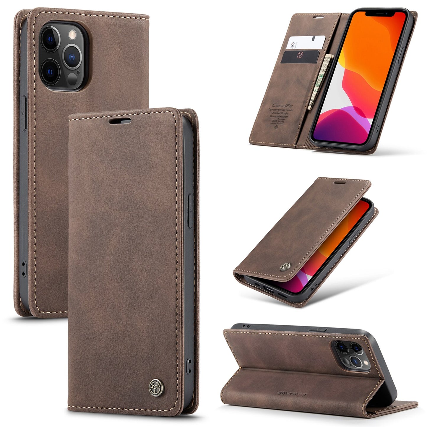 Premium iPhone 14 13 12 Mini Pro Max Case Retro Magnetic Card Leather Wallet.
