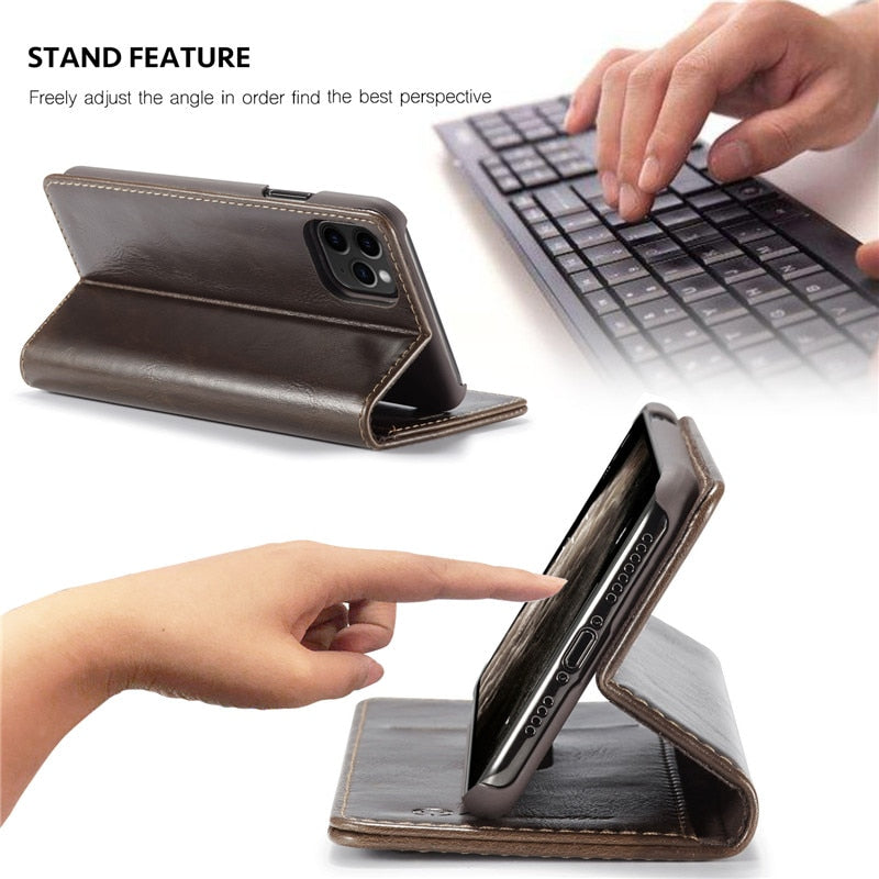 Elegant Leather Magnetic Card Holder Wallet Cover for iPhones
