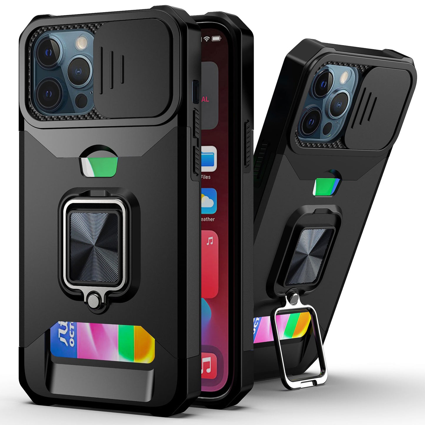 Kickstand with Slide Camera, Built-in 360 Rotate Ring Stand Magnetic Card Slot Credit Cover