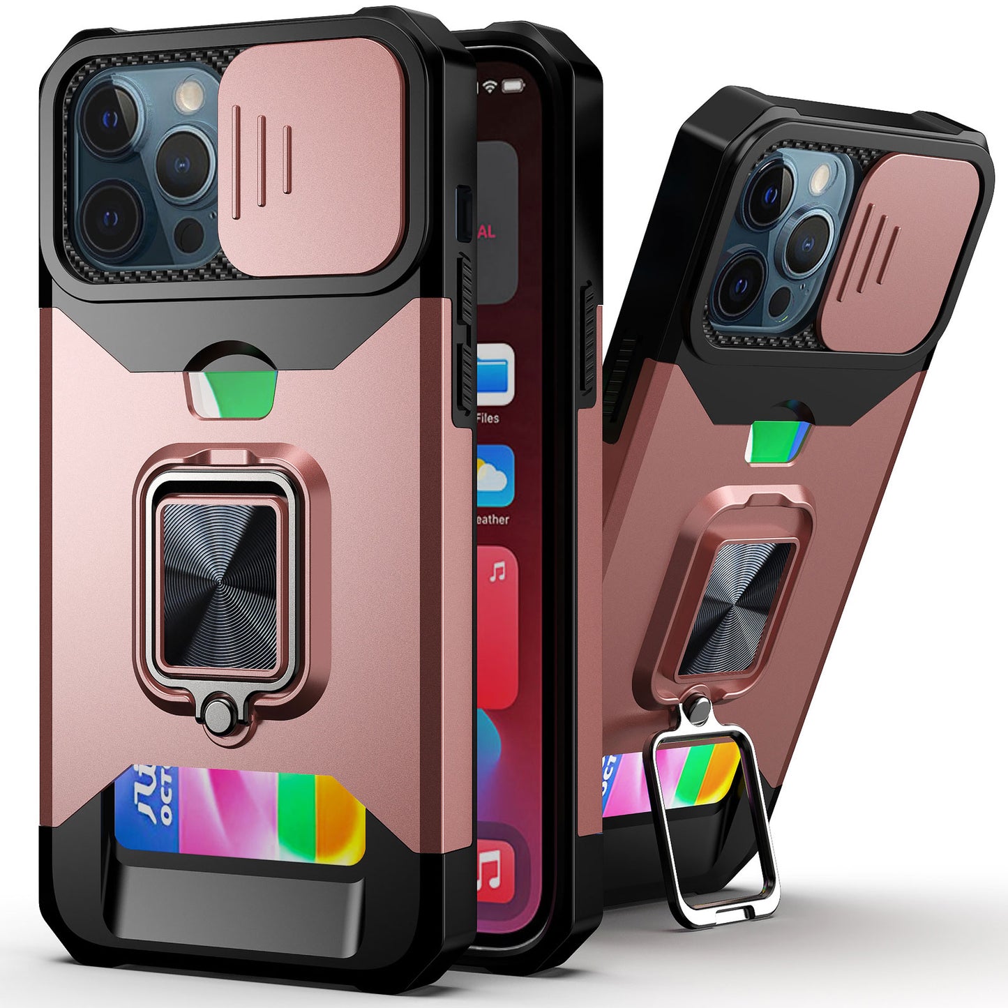 Kickstand with Slide Camera, Built-in 360 Rotate Ring Stand Magnetic Card Slot Credit Cover