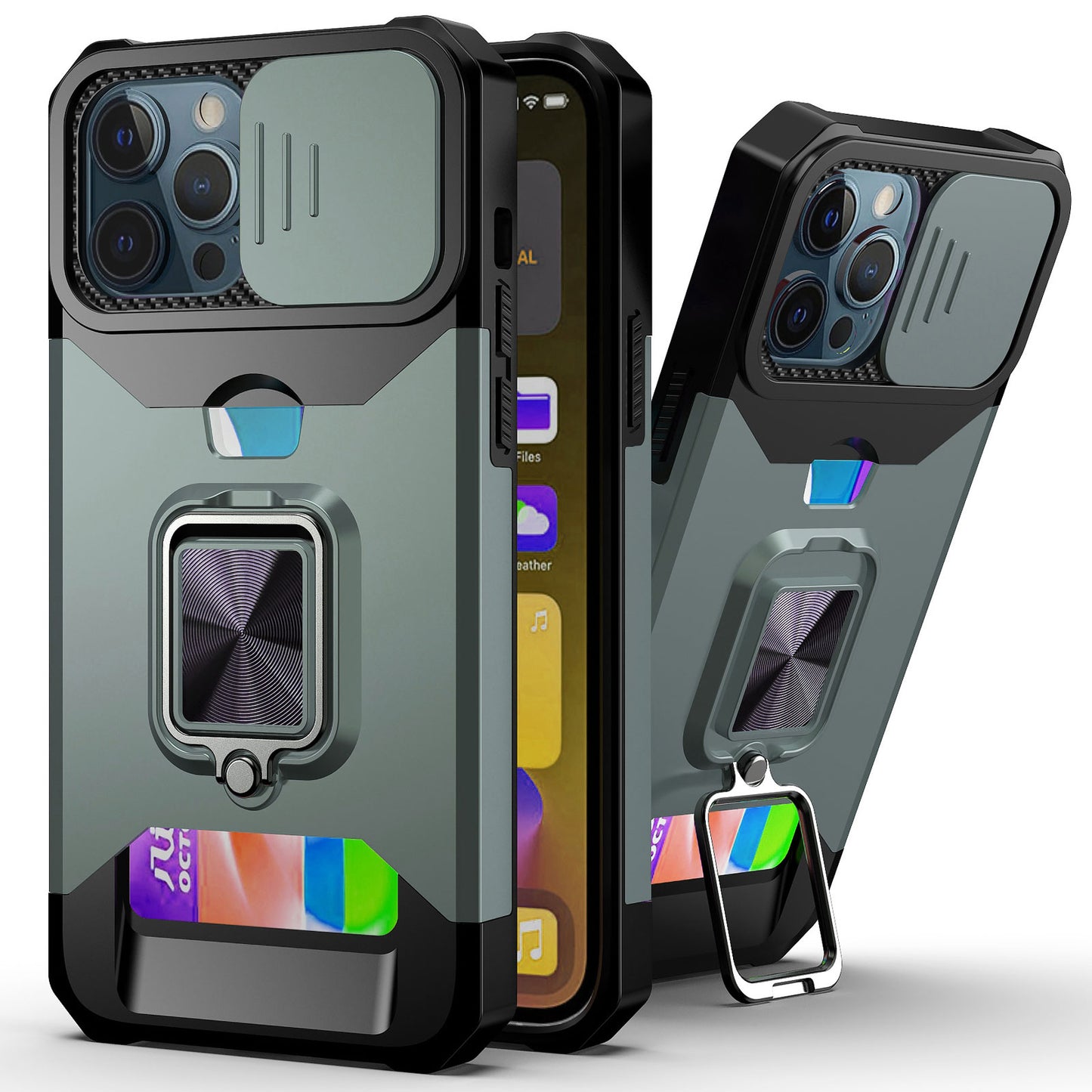 Kickstand with Slide Camera, Built-in 360 Rotate Ring Stand Magnetic Card Slot Credit Cover