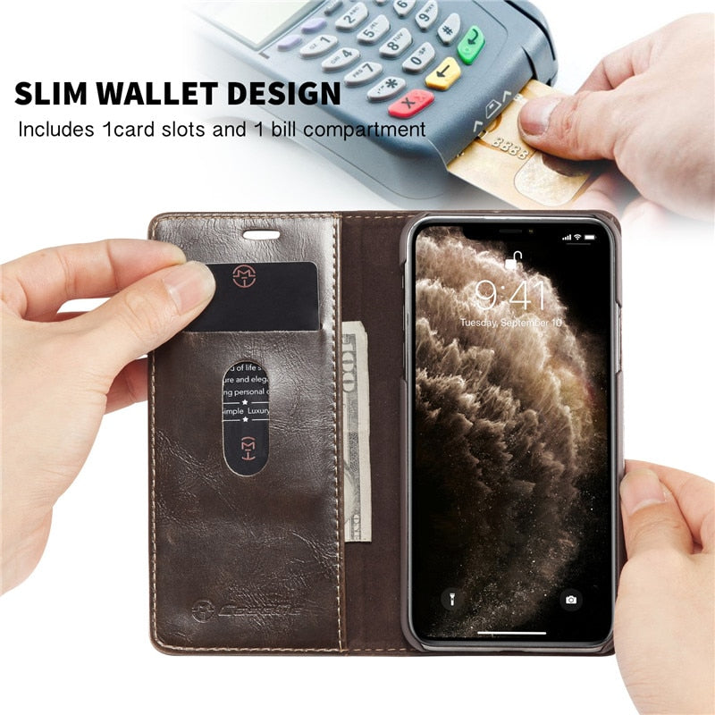Elegant Leather Magnetic Card Holder Wallet Cover for iPhones