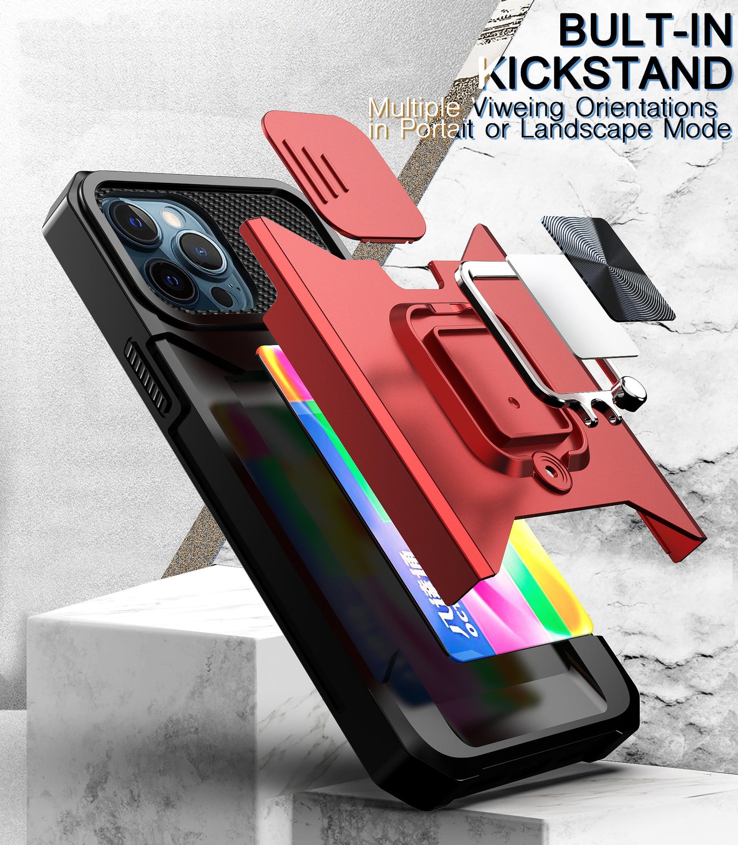 Kickstand with Slide Camera, Built-in 360 Rotate Ring Stand Magnetic Card Slot Credit Cover