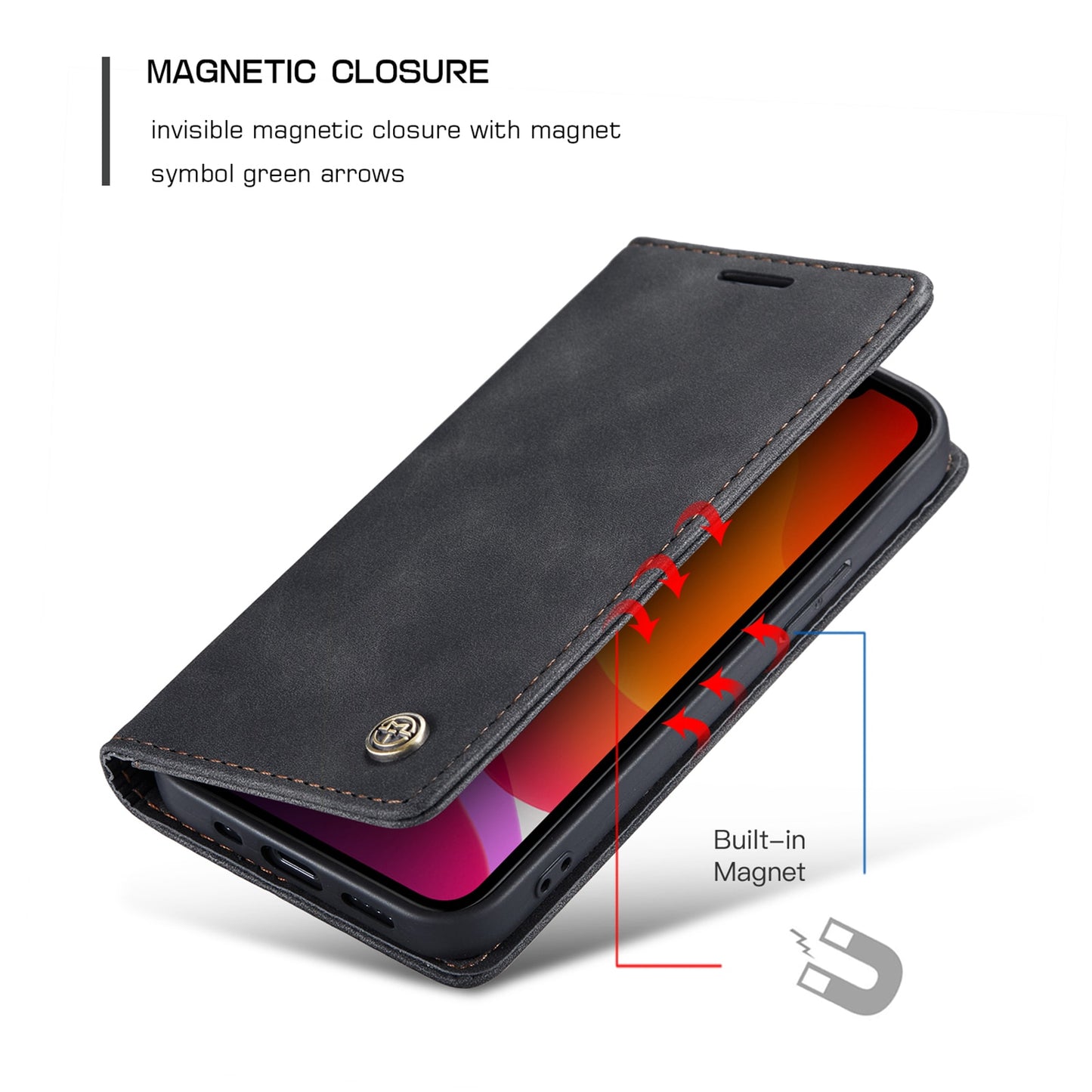 Premium iPhone 14 13 12 Mini Pro Max Case Retro Magnetic Card Leather Wallet.