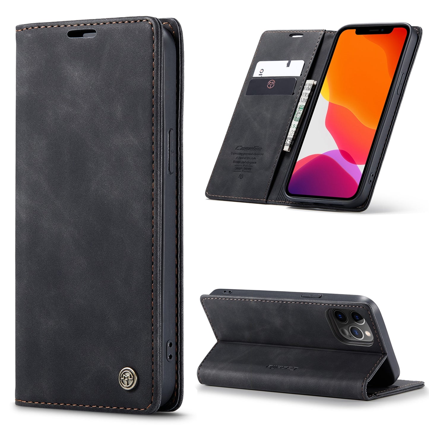 Premium iPhone 14 13 12 Mini Pro Max Case Retro Magnetic Card Leather Wallet.