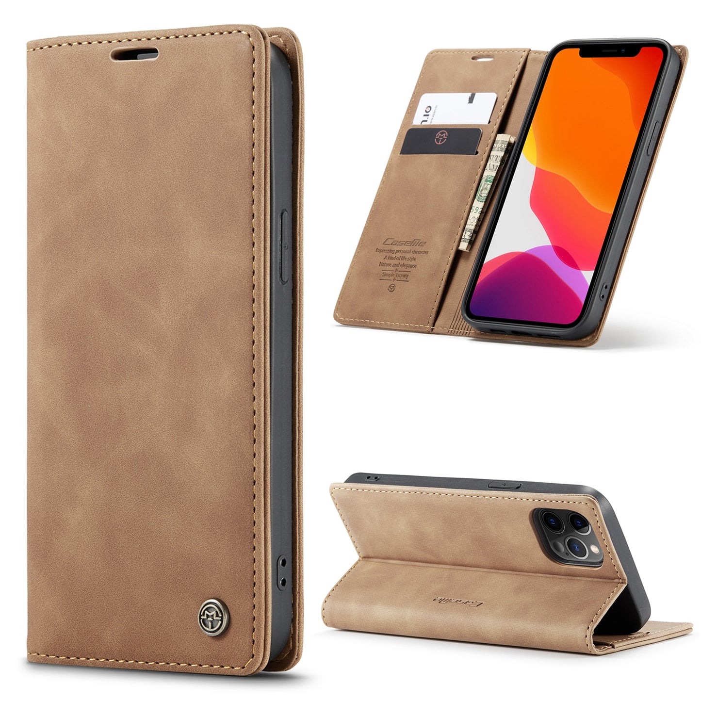 Premium iPhone 14 13 12 Mini Pro Max Case Retro Magnetic Card Leather Wallet.