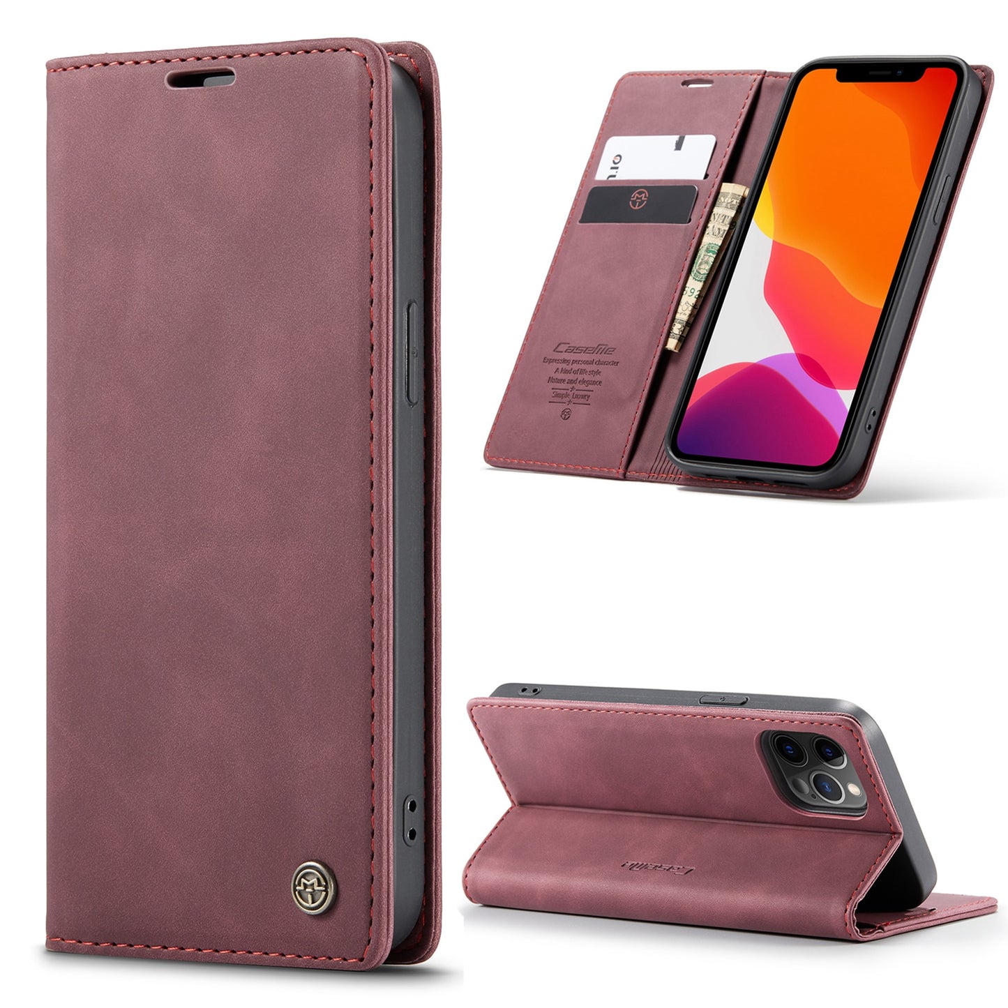 Premium iPhone 14 13 12 Mini Pro Max Case Retro Magnetic Card Leather Wallet.