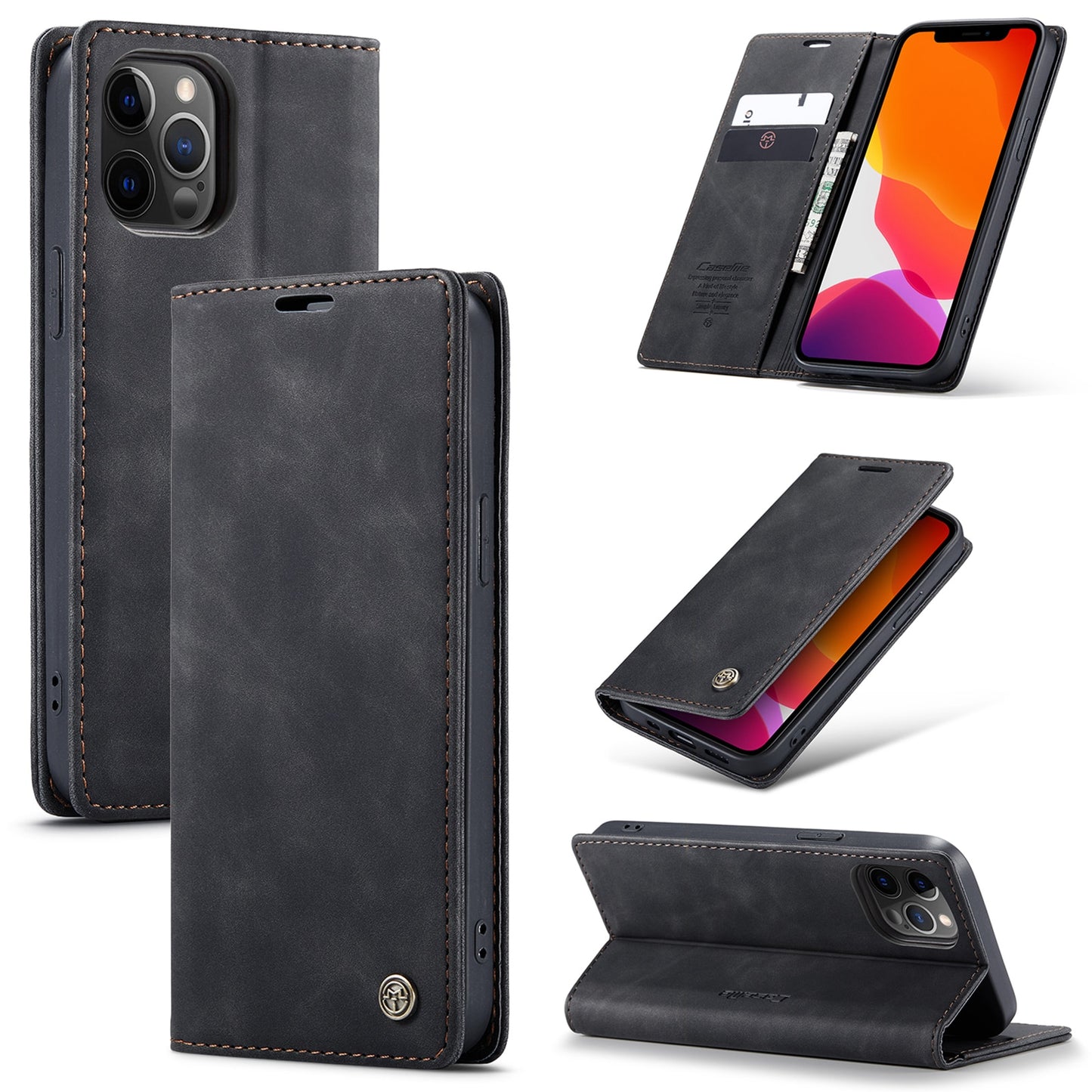 Premium iPhone 14 13 12 Mini Pro Max Case Retro Magnetic Card Leather Wallet.