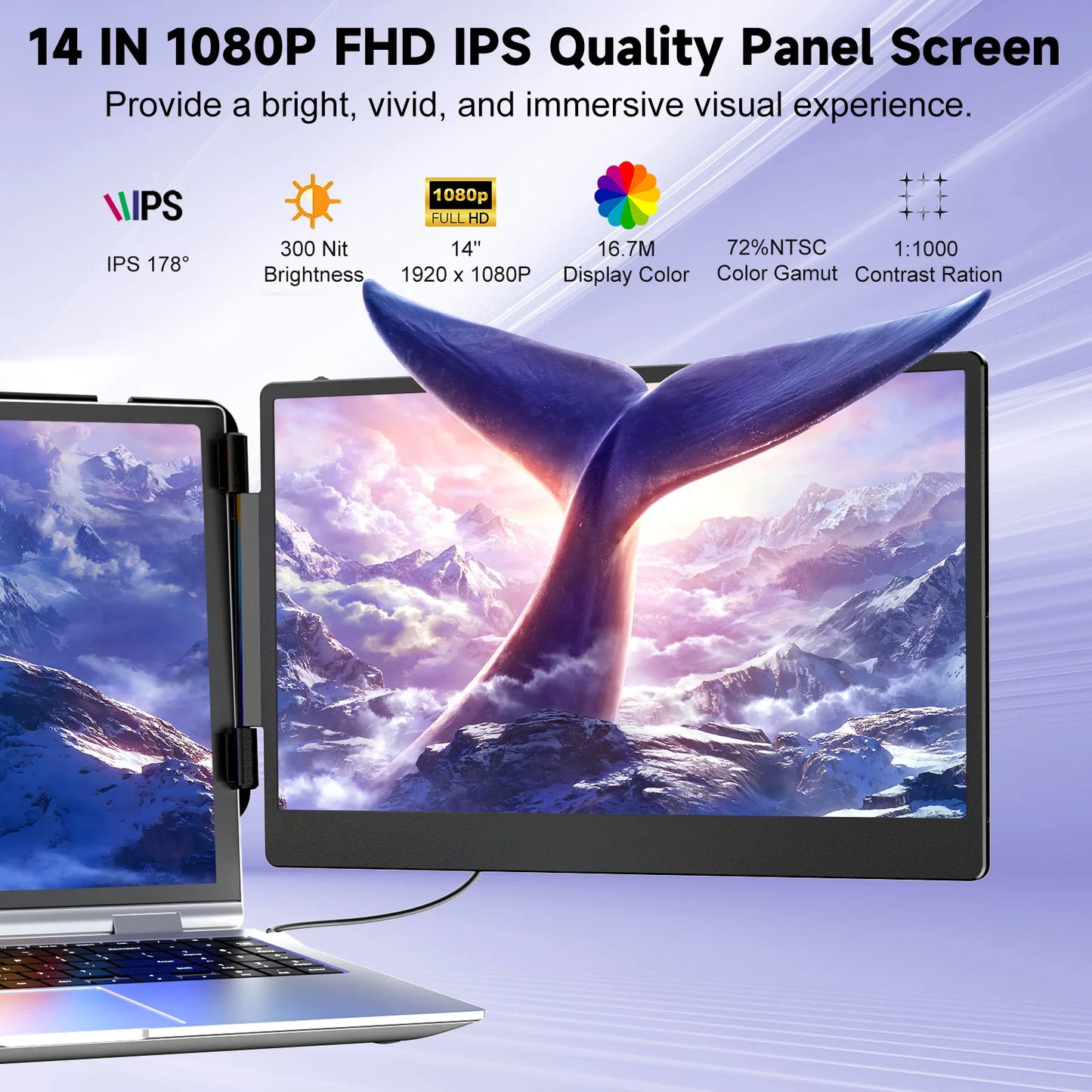 S2 Triple Monitor for Laptop – 14" HDMI/USB-C Extender, Plug & Play 1080P HD Portable for 13-17.3" Laptops