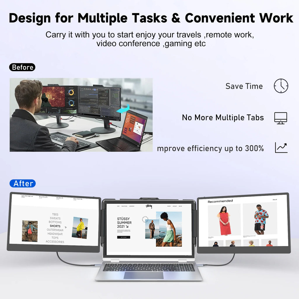 S2 Triple Monitor for Laptop – 14" HDMI/USB-C Extender, Plug & Play 1080P HD Portable for 13-17.3" Laptops