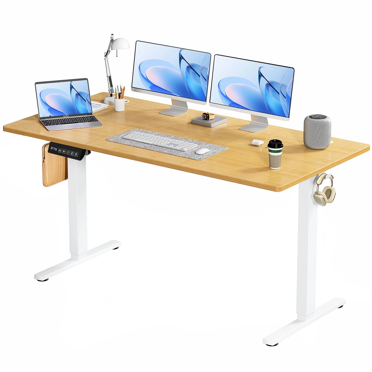 Electric Sit-Stand Desk – Adjustable Height, Wire Hole, Splice Board, 2 Hooks for Home Office Computer Desk