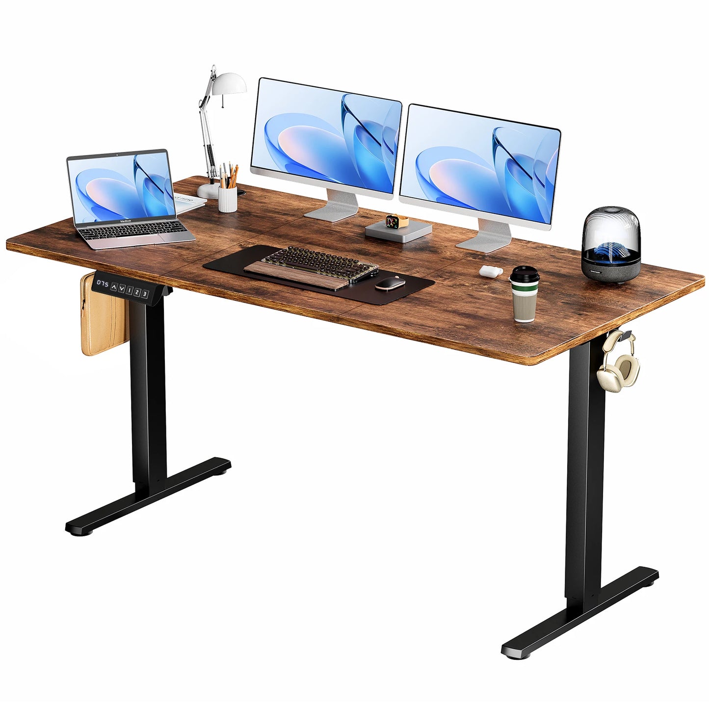 Electric Sit-Stand Desk – Adjustable Height, Wire Hole, Splice Board, 2 Hooks for Home Office Computer Desk