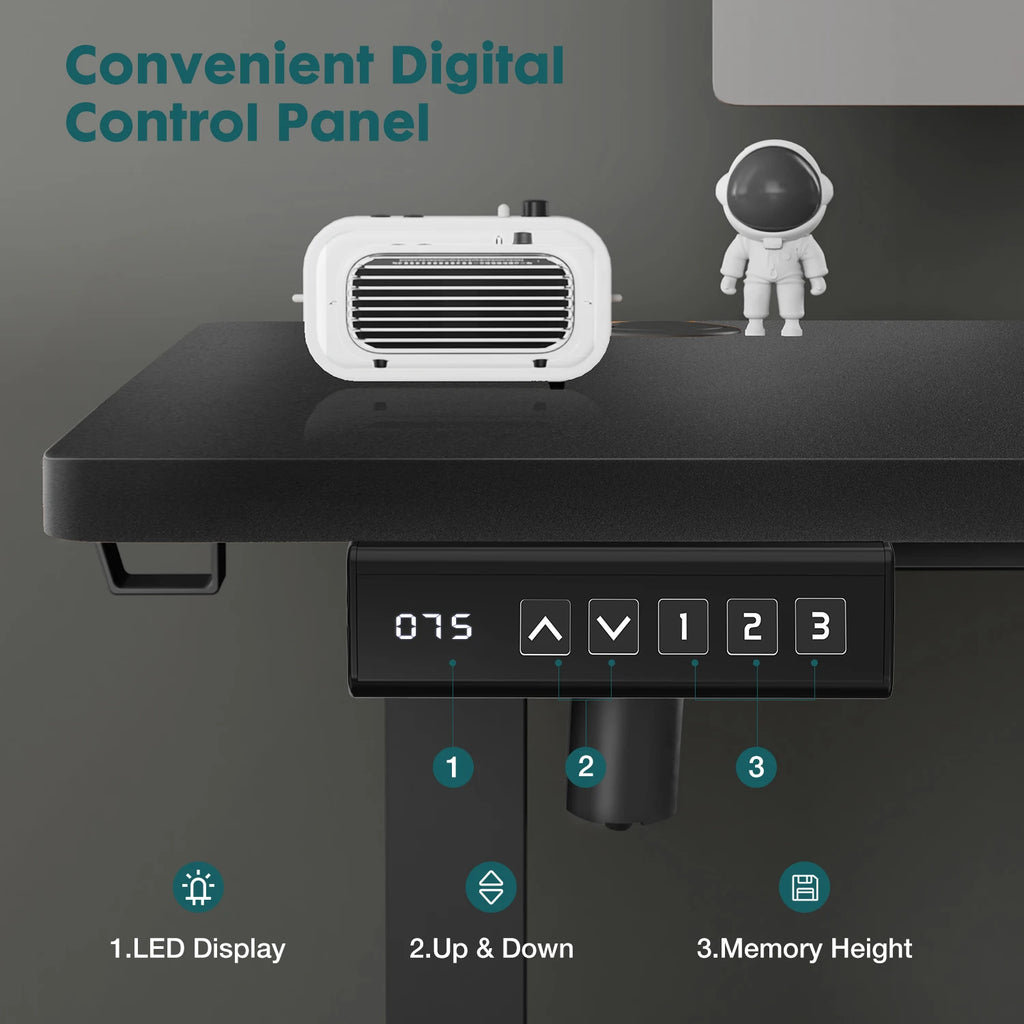 Electric Sit-Stand Desk – Adjustable Height, Wire Hole, Splice Board, 2 Hooks for Home Office Computer Desk