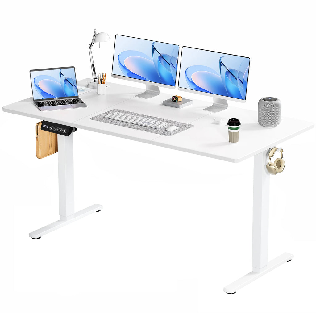 Electric Sit-Stand Desk – Adjustable Height, Wire Hole, Splice Board, 2 Hooks for Home Office Computer Desk
