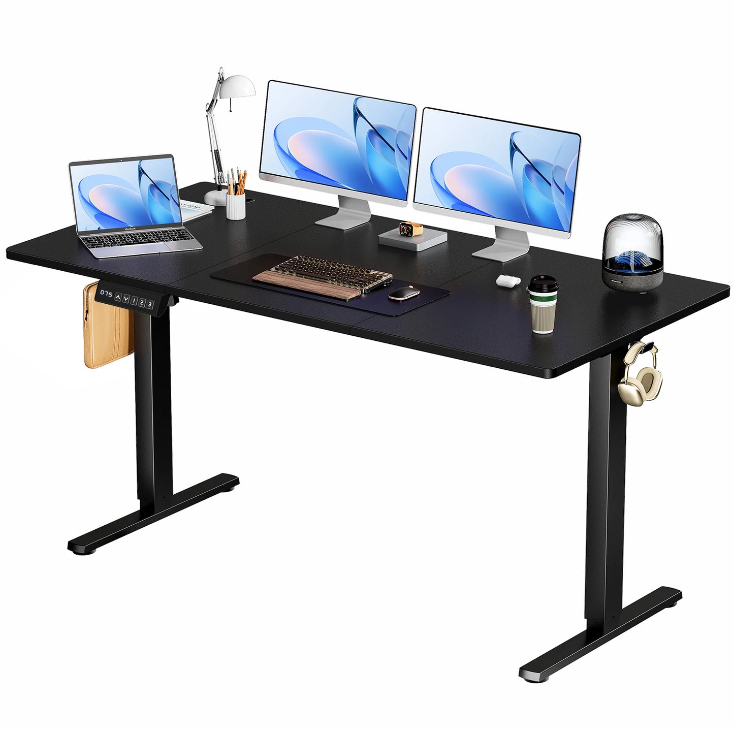 Electric Sit-Stand Desk – Adjustable Height, Wire Hole, Splice Board, 2 Hooks for Home Office Computer Desk