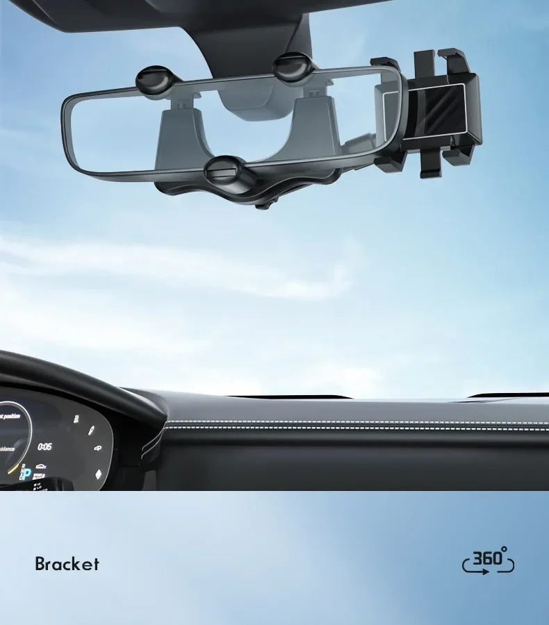 360° Rotation Rearview Mirror Phone Mount – Stable Gripper Car Bracket for GPS/Navi, Compatible with iPhone, Samsung, Xiaomi