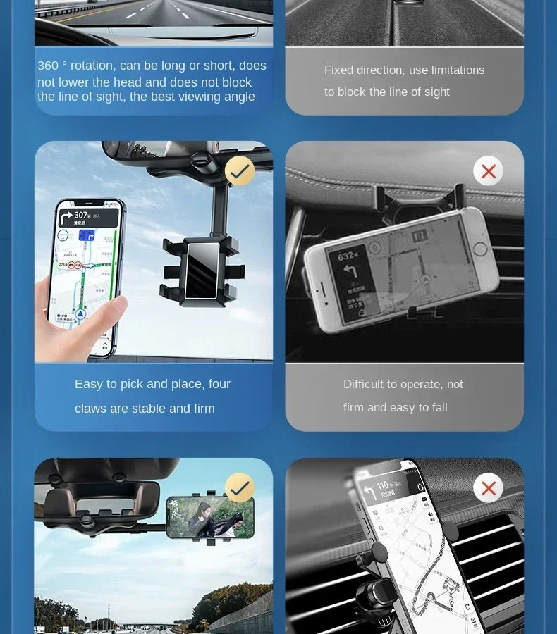 360° Rotation Rearview Mirror Phone Mount – Stable Gripper Car Bracket for GPS/Navi, Compatible with iPhone, Samsung, Xiaomi