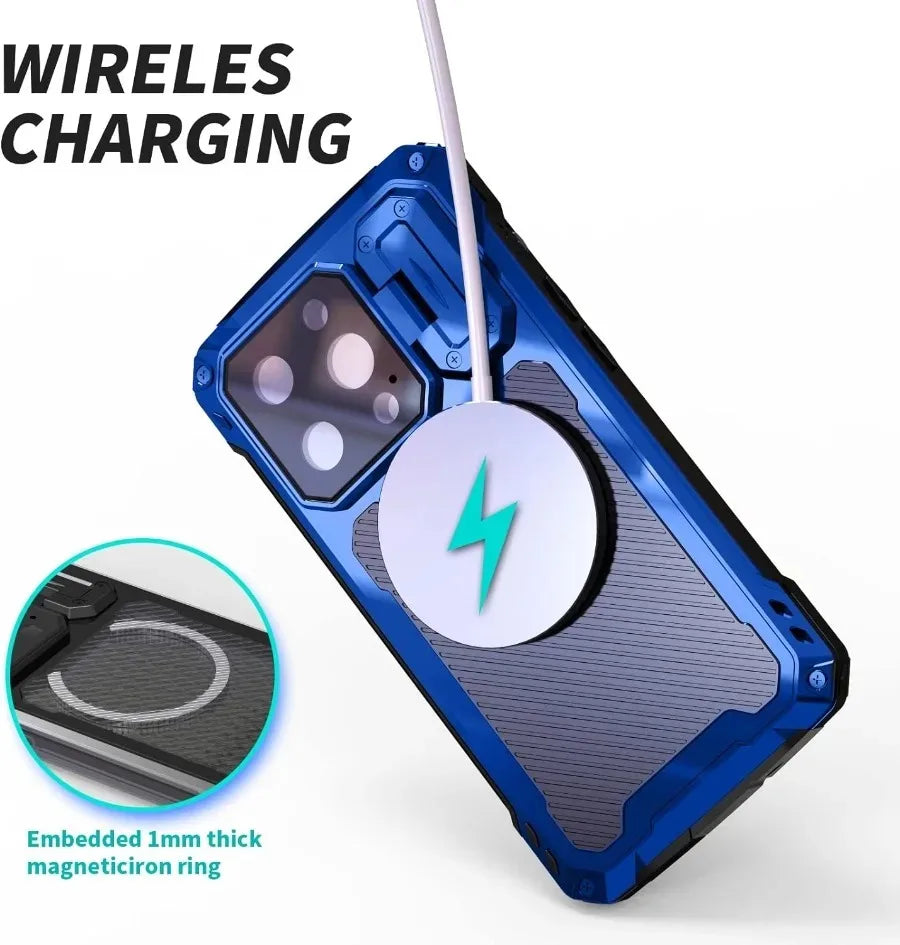 Aluminum Magnetic Shockproof Case for iPhone 16/15/Plus/14 Pro Max — Heavy-Duty Armor Cover with Screen Protector, Lens Stand